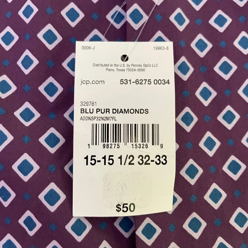 J. Ferrar Men Purple Blue Diamond Geometric Slim Fit Stretch Dress Shirt 15.5 32